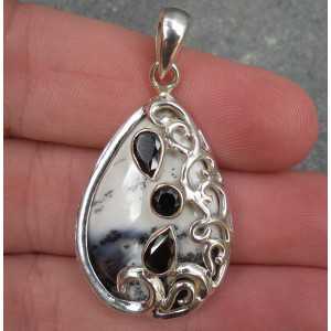 Silver pendant set with Dendrite Opal, and black Onyxen