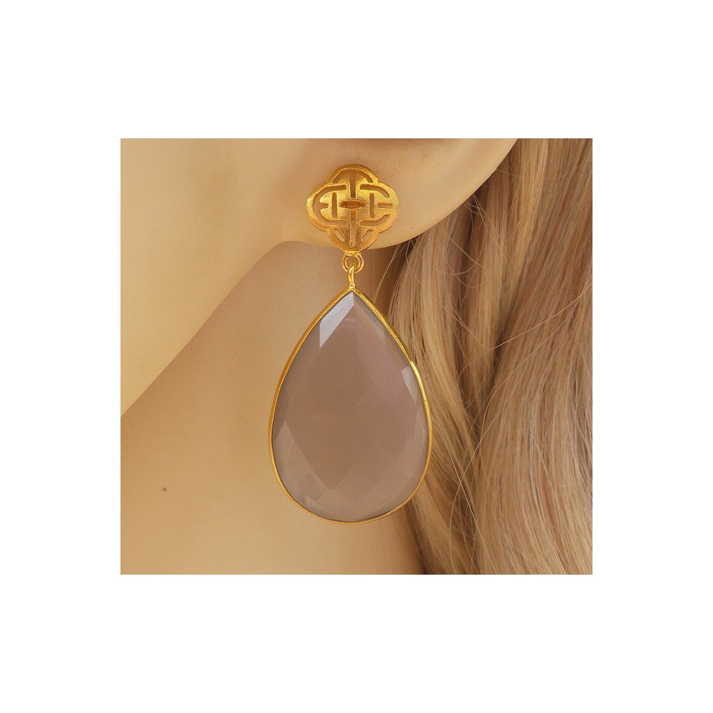 Gold plated earrings with grey Chalcedony briolet