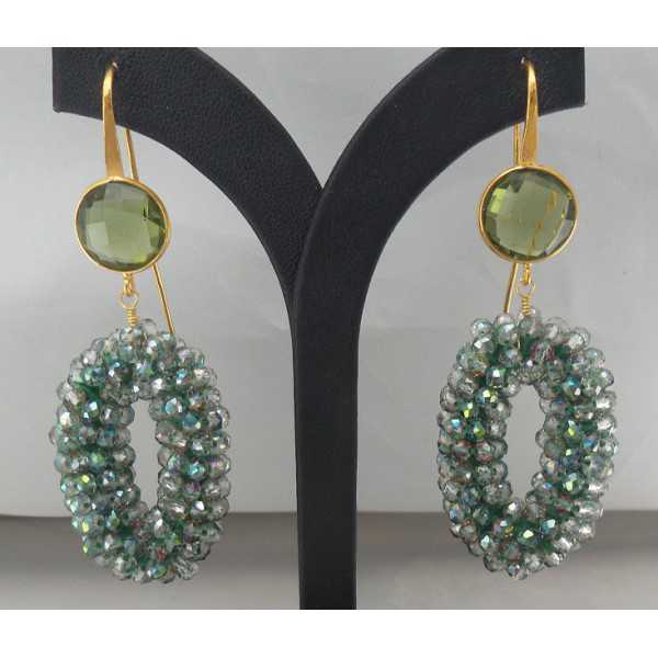 Gold plated earrings pendant crystal and green Amethyst