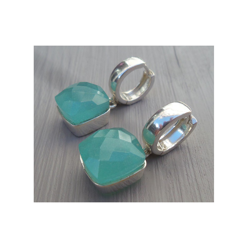 Silver creoles set with square aqua Chalcedony