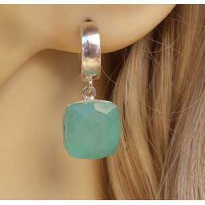 Silver creoles set with square aqua Chalcedony