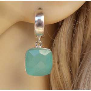 Silver creoles set with square aqua Chalcedony