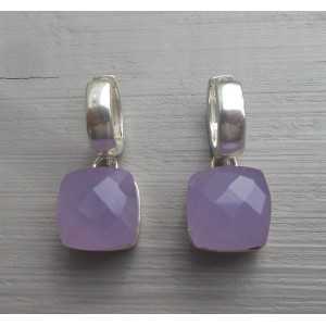 Silver creoles set with square lavender Chalcedony