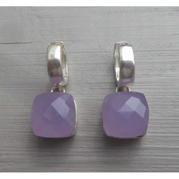 Silver creoles set with square lavender Chalcedony