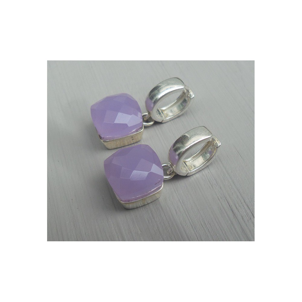 Silver creoles set with square lavender Chalcedony