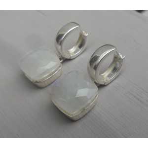 Silver creoles set with square rainbow Moonstone