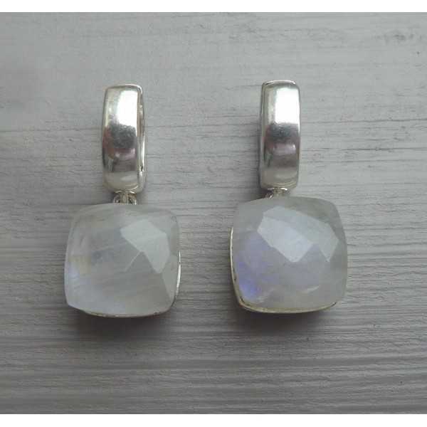 Silver creoles set with square rainbow Moonstone