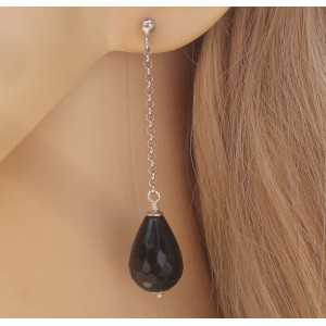 Silver long earrings with black Onyx briolet