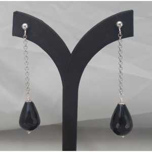 Silver long earrings with black Onyx briolet