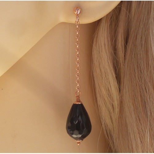 Rosé vergulde oorbellen met zwarte Onyx briolet 