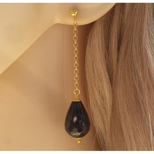 Vergulde oorbellen met zwarte Onyx briolet