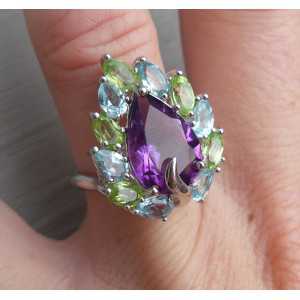 Silver ring with Amethyst, blue Topaz, and Peridot 16.5 mm