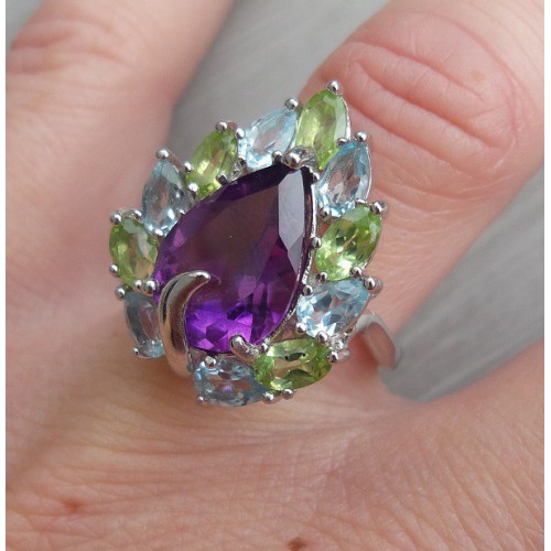 Zilveren ring met Amethist, blauw Topaas en Peridot 16.5 mm