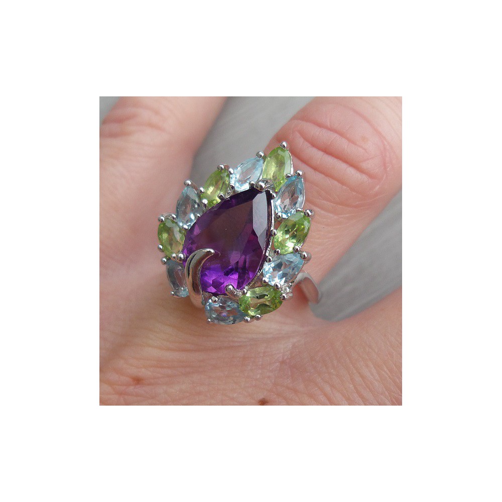 Silver ring with Amethyst, blue Topaz, and Peridot 16.5 mm