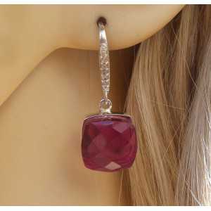Silver earrings with square pink Tourmaline, quartz and Zirconia 