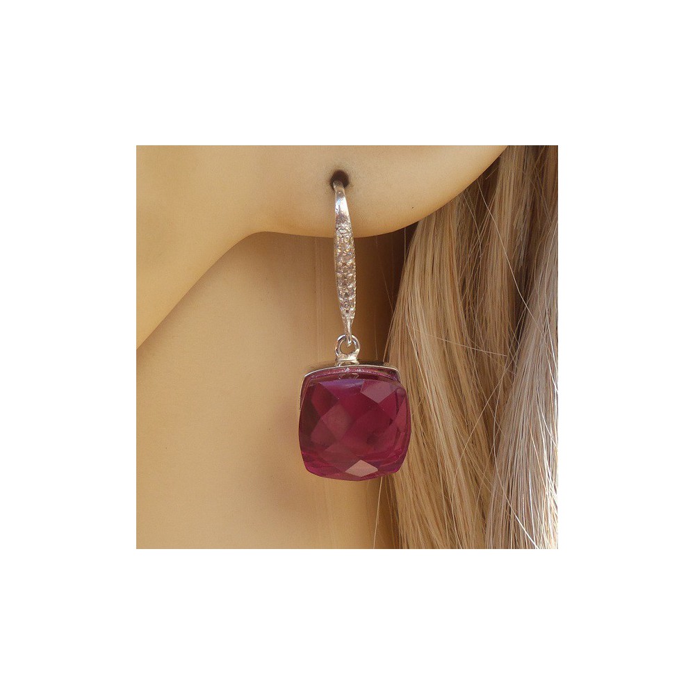 Silver earrings with square pink Tourmaline, quartz and Zirconia 