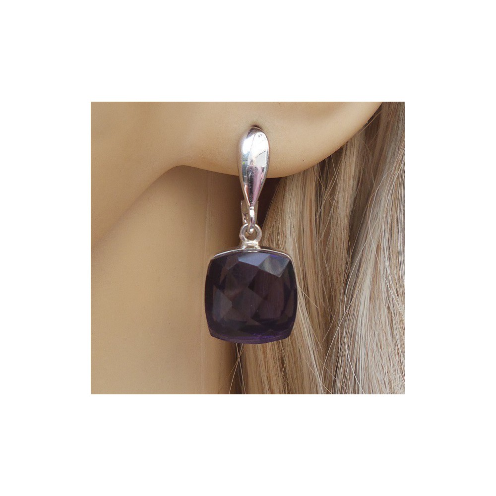 Silver earrings set with square facet Amethyst