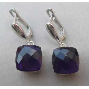 Silver earrings set with square facet Amethyst