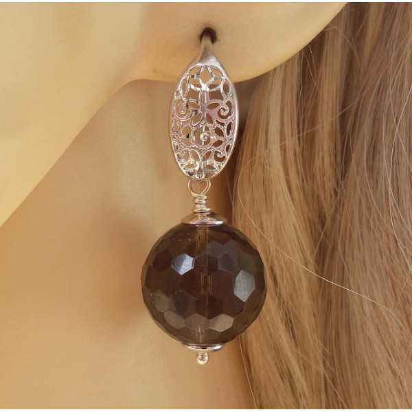 Silver earrings with large round Smokey Topaz 
