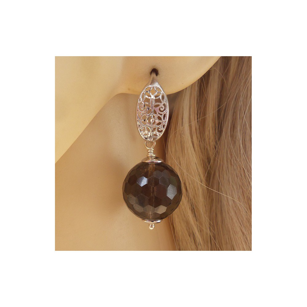 Silver earrings with large round Smokey Topaz 