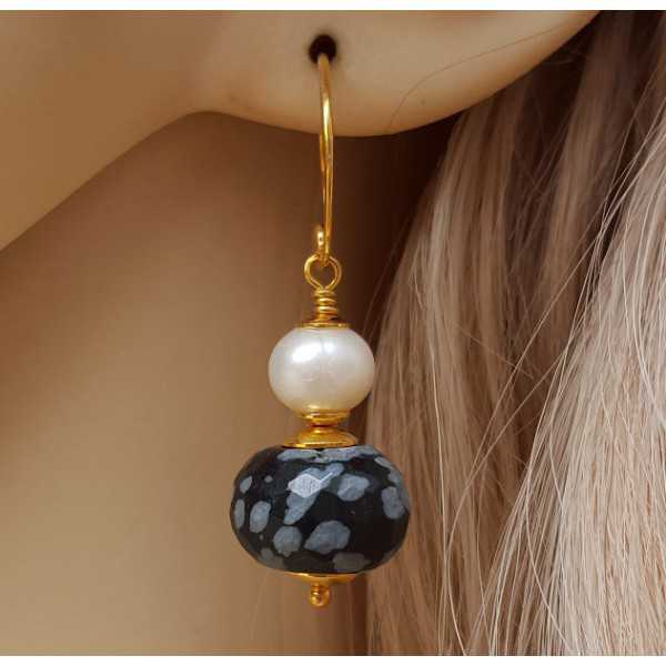 Gold plated earrings with snowflake Obsidian and Pearl