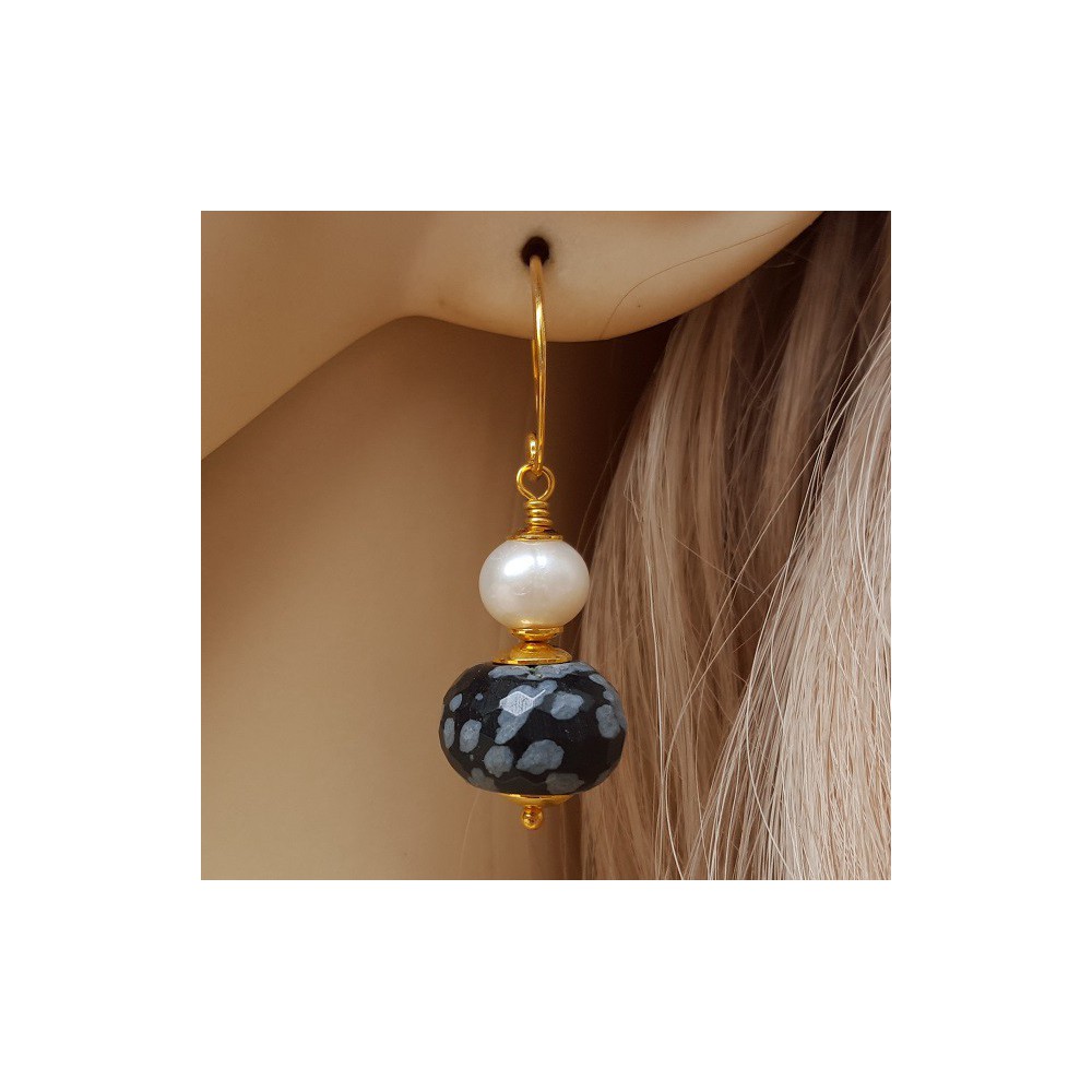 Gold plated earrings with snowflake Obsidian and Pearl