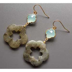 Gold plated earrings flower of Labradorite and Chalcedony clover