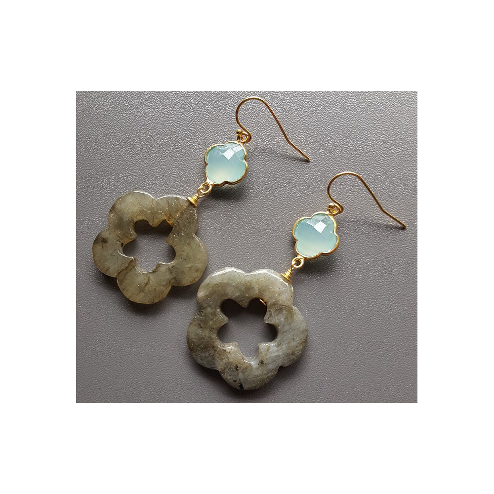 Gold plated earrings flower of Labradorite and Chalcedony clover