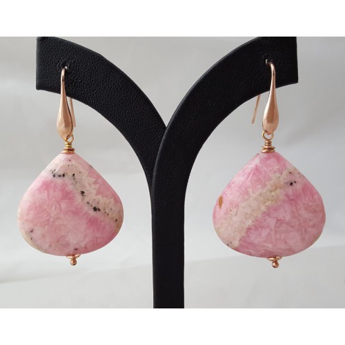 Rosé vergulde oorbellen met grote Rhodochrosiet briolet