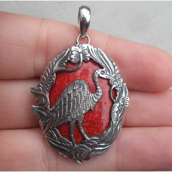 Silver pendant set with Coral and shaded with silver bird