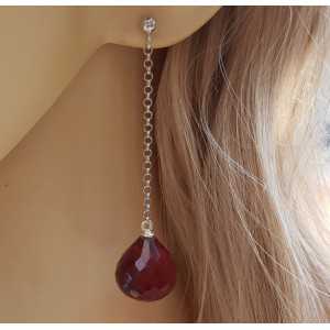 Silver long earrings with large Garnet onion briolet