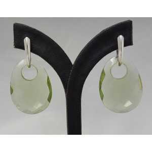 Silver earrings with oval pendant of green Amethyst quartz