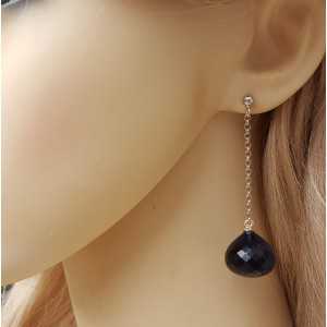 Silver long earrings with large Sapphire blue quartz onion
