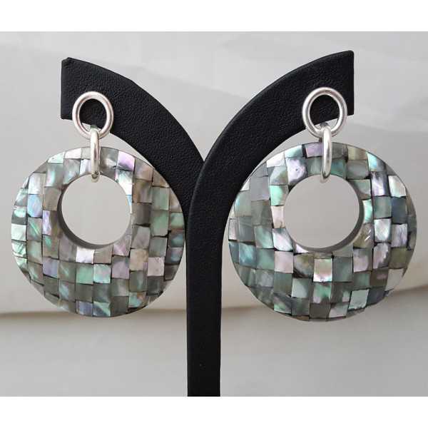 Silver earrings with round pendant of mosaic mother-of-Pearl