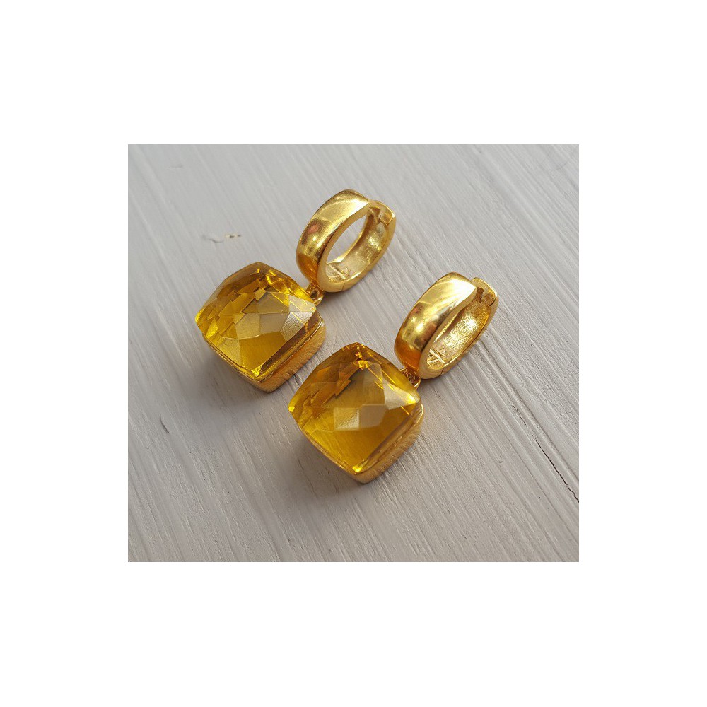 Gold-plated creoles set with square Citrine