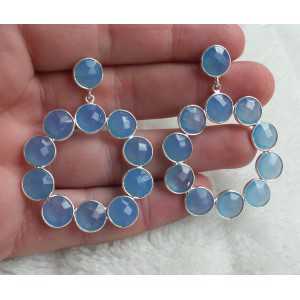Zilveren oorbellen met ronde facet blauw Chalcedoon stenen