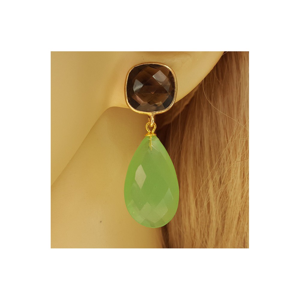 Gold plated earrings set with Smokey Topaz and green Chalcedony