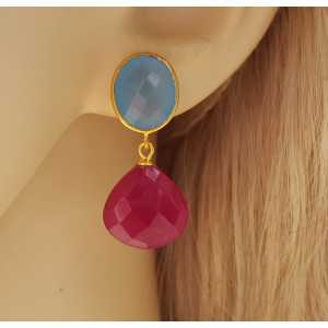 Vergoldete Ohrringe mit blauen Chalcedon und fuchsia rosa Chalcedon