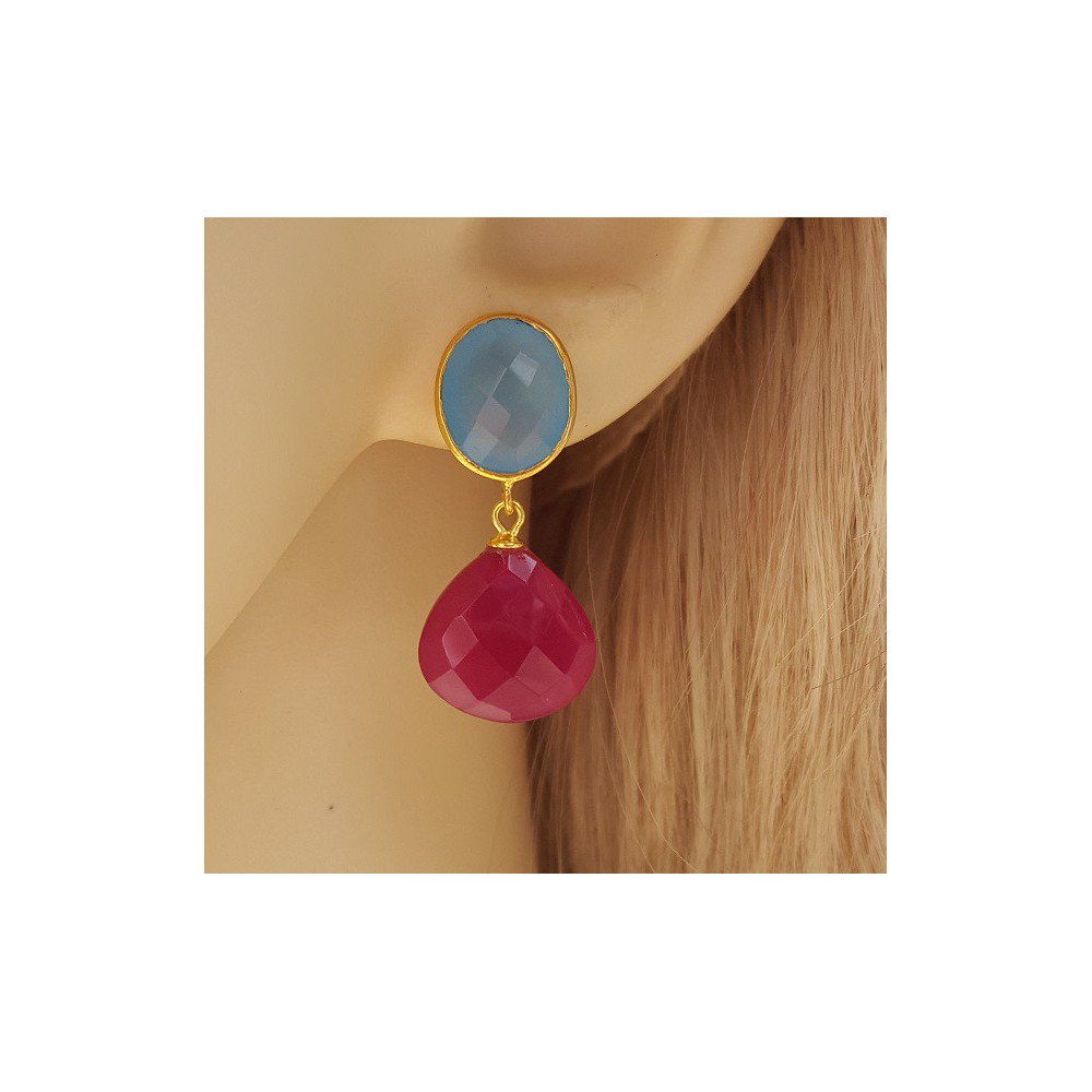 Gold plated earrings with blue Chalcedony and fuchsia pink Chalcedony