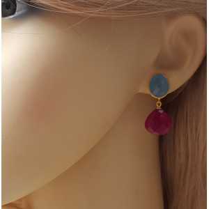 Vergulde oorbellen met blauw Chalcedoon en fuchsia roze Chalcedoon