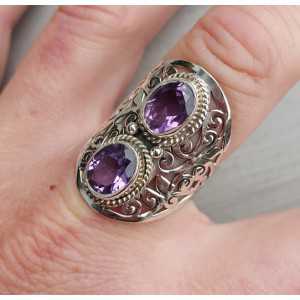 Silver ring set with two oval facet Amethisten 18.5