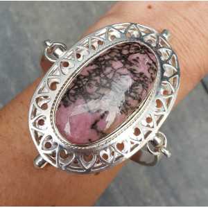 Silver bracelet set with large oval Rhodonite and Pearl