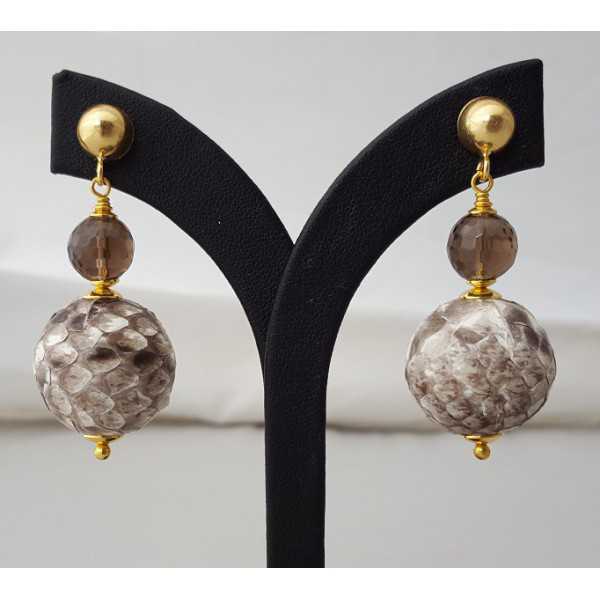Gold plated earrings with Smokey Topaz and sphere of snakeskin