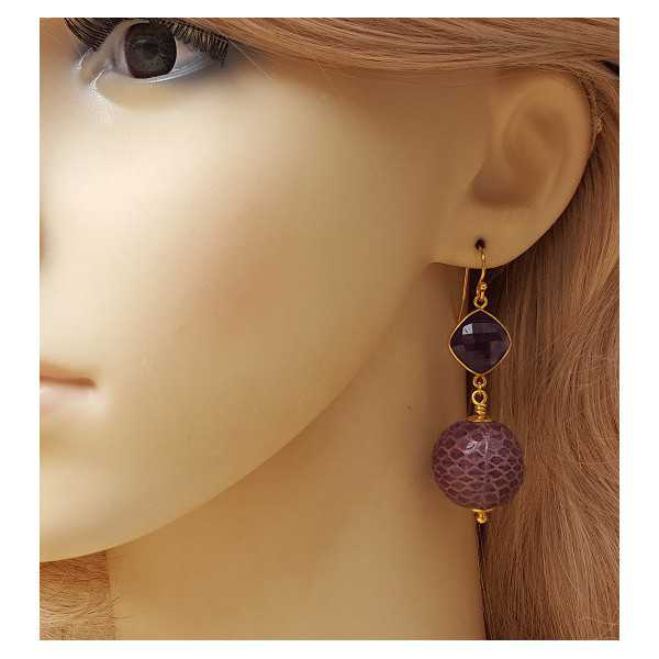 Gold plated earrings with Amethyst and sphere of snakeskin