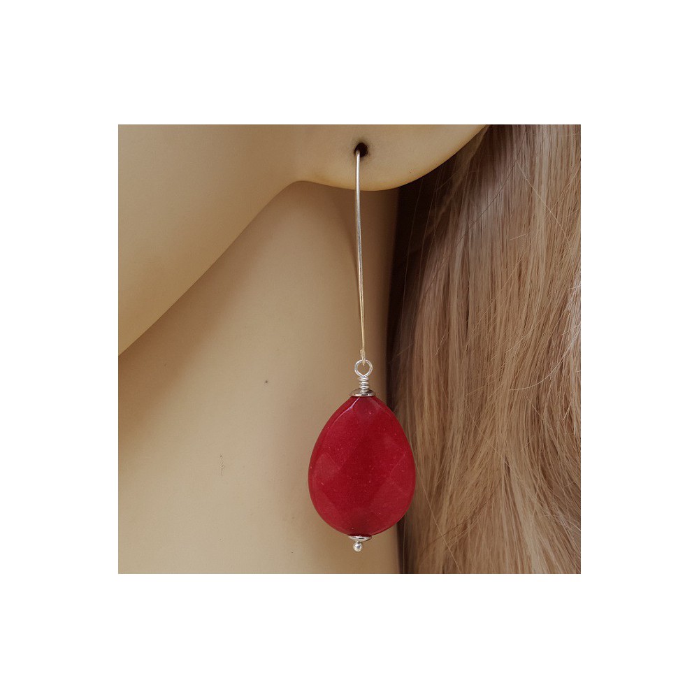 Silver earrings with Ruby red Jade briolet