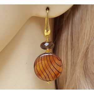 Gold plated earrings with round brown shell and Smokey Topaz