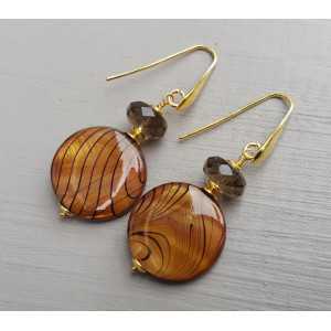 Gold plated earrings with round brown shell and Smokey Topaz