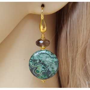 Gold plated earrings with round Japis and Smokey Topaz bolt