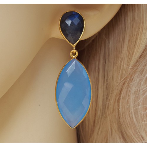 Vergulde oorbellen met marquise blauw Chalcedoon en Labradoriet