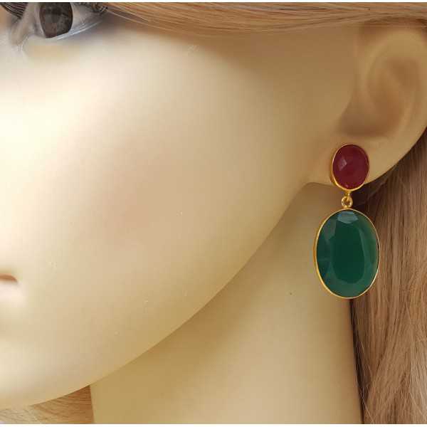 Gold plated earrings set with Ruby and green Onyx